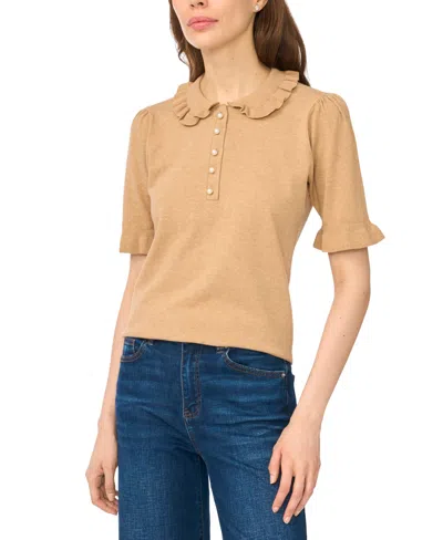 Cece Women's Ruffle Collar 3/4-sleeve Polo Sweater In Brown