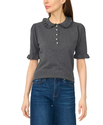 Cece Women's Ruffle Collar 3/4-sleeve Polo Sweater In Gray