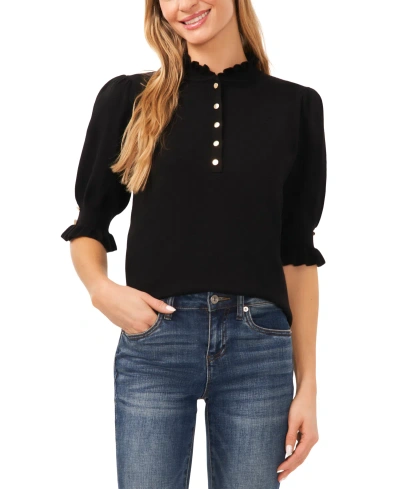 Cece Women's Ruffle Collar Short Sleeve Ruffle Sweater Top In Rich Black