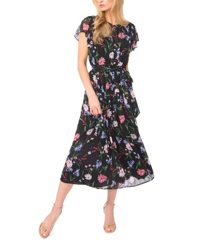 Cece Women's Ruffle Detail Tie Neck Midi Dress In Black