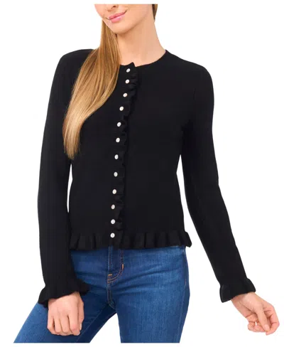 Cece Women's Ruffle Edge Detail Long Sleeve Cardigan Sweater In Black