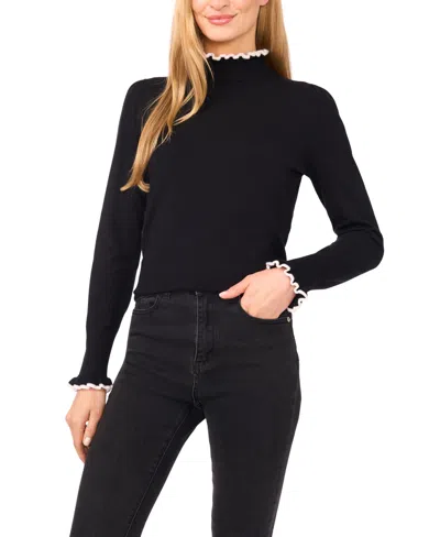 Cece Women's Ruffle Edge Long Sleeve Sweater In Black