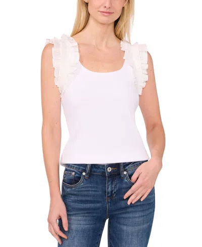 Cece Ruffle Sleeveless Rib Knit Tank Top In Ultra White