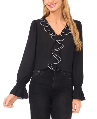 Cece Ruffle V-neck Top In Black