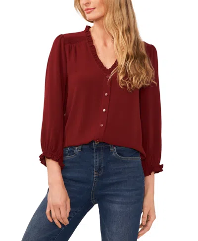 Cece Women's Ruffled Button Front 3/4-sleeve Blouse In Claret Red