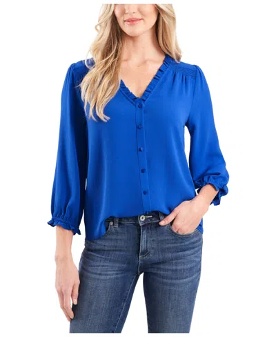 Cece Women's Ruffled Button-front 3/4-sleeve Blouse In Blue
