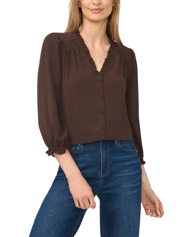 Cece Women's Ruffled Button-front 3/4-sleeve Blouse In Brown