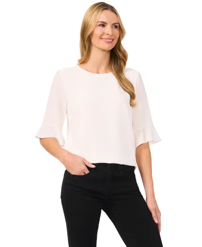 Cece Women's Ruffled-cuff 3/4-sleeve Crew Neck Blouse In White