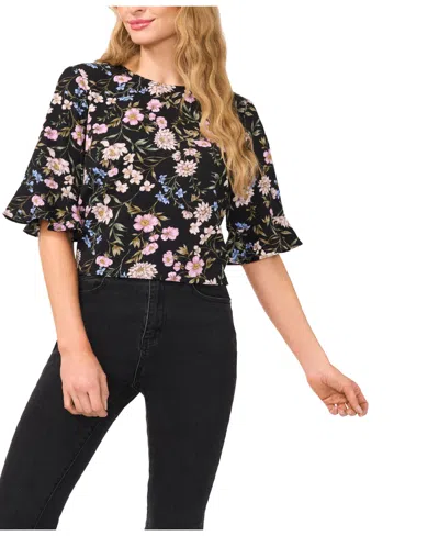 Cece Women's Floral Crewneck 3/4-sleeve Ruffled Cuff Blouse In Rich Black