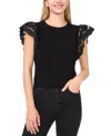 Cece Embroidered Flutter Sleeve Mixed Media Top In Black
