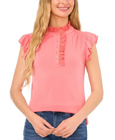 Cece Women's Ruffled Front-placket Cap-sleeve Knit Top In Calypso Coral
