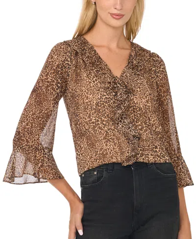 Cece Women's Ruffled Long-sleeve V-neck Blouse In Brown