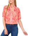 Cece Ruffle Split Neck Short Sleeve Top In Deep Sea Coral