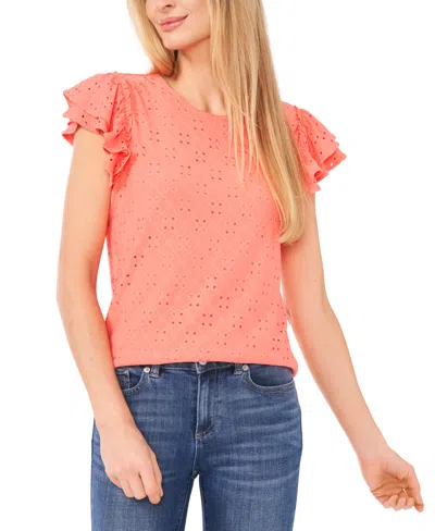 Cece Women's Ruffled Short-sleeve Eyelet Knit Top In Cameo Coral