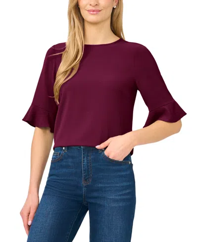 Cece Women's Ruffled-cuff 3/4-sleeve Crew Neck Top In Burgundy