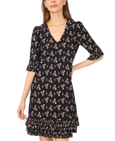 Cece Women's Ruffle-hem V-neck 3/4-sleeve Dress In Black