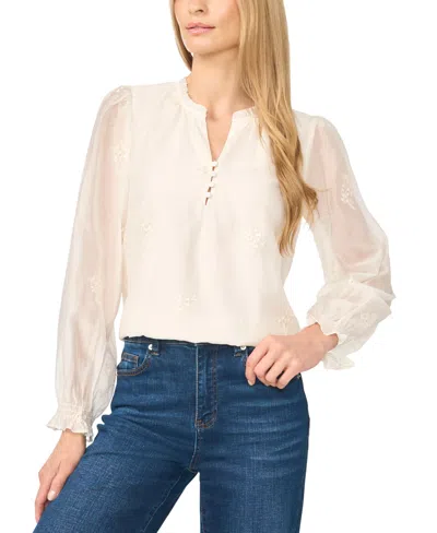 Cece Women's Ruffle-neck Long-sleeve V-neck Blouse In White