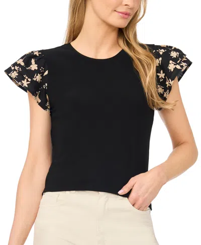 Cece Women's Ruffle-sleeve Crewneck Top In Black
