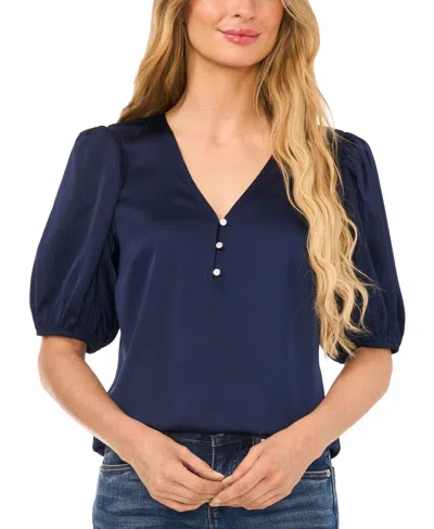 Cece Women's Satin Beaded Button Puff Sleeve Blouse In Classic Navy