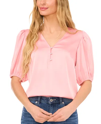Cece Women's Satin Beaded Button Puff Sleeve Blouse In Rose
