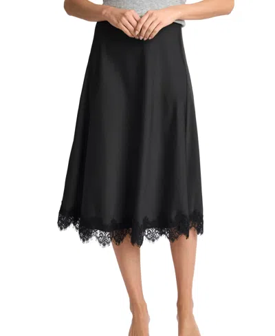 Cece Satin Lace Trim Midi Skirt In Black