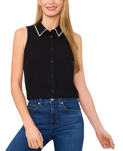 Cece Women's Scallop-collar Sleeveless Button-down Top In Black