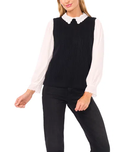 Cece Women's Scallop Edge Twofer Long Sleeves Sweater In Black