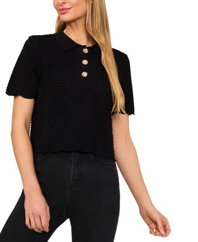 Cece Women's Scalloped Jewel-button Short-sleeve Sweater In Rich Black