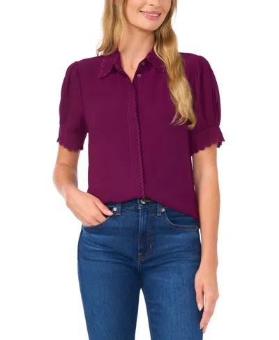 Cece Women's Scalloped Puff-sleeve Button-front Blouse In Pickled Beet