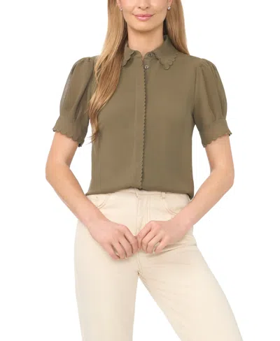 Cece Women's Scalloped Puff-sleeve Button-front Top In Brown