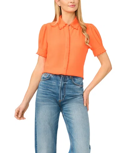 Cece Women's Scalloped Puff-sleeve Button-front Top In Orange