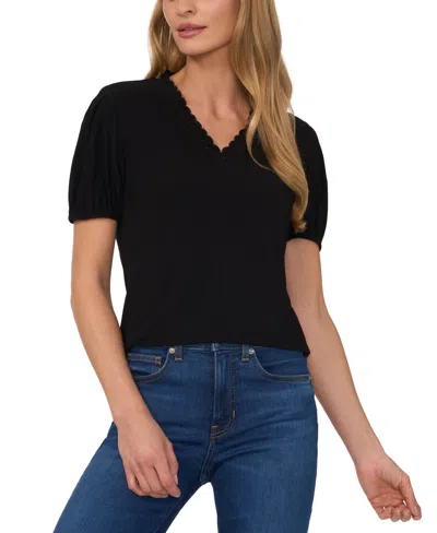 Cece Women's Scalloped V-neck Puff-sleeve Knit Top In Rich Black
