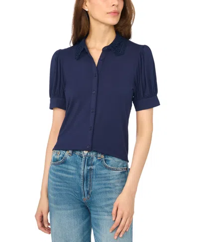 Cece Scalloped Lace Collar Short Sleeve Shirt In Blue