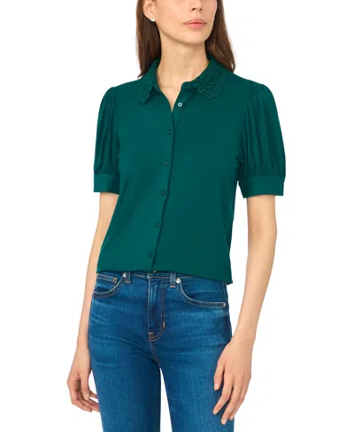 Cece Scalloped Lace Collar Short Sleeve Shirt In Green