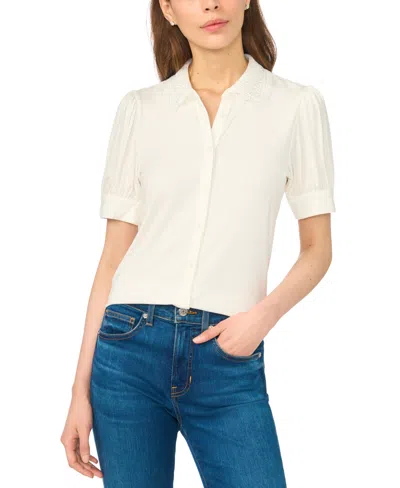 Cece Women's Scallop-trim Collared Short-sleeve Button-front Top In Neutral