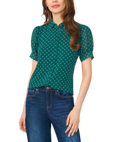 Cece Women's Scallop-trim Point-collar Short-sleeve Button-up Top In Green