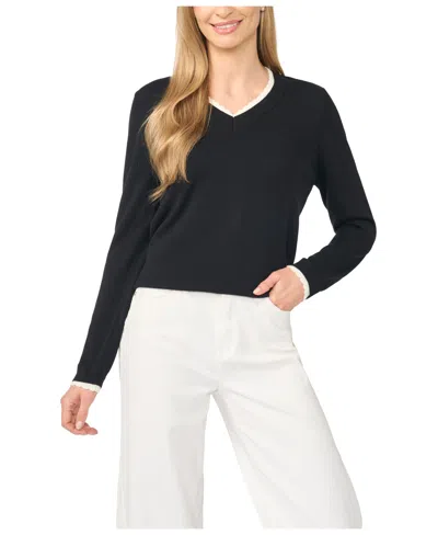Cece Women's Scallop-trim V-neck Long-sleeve Sweater In Black