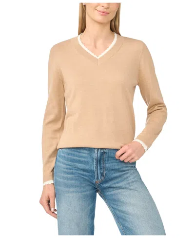 Cece Women's Scallop-trim V-neck Long-sleeve Sweater In Sweet Caramel