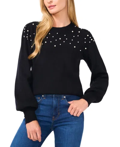 Cece Women's Scattered-pearl Crewneck Sweater In Rich Black