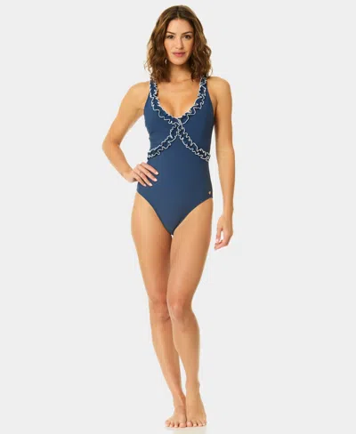 Cece Women's Scoop Neck Contrast Ruffle One-piece Swimsuit In Blue