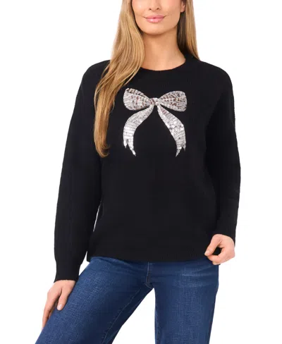 Cece Women's Sequin Bow Pull On Sweater In Black