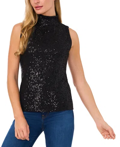 Cece Women's Sequined Mock-neck Top In Rich Black
