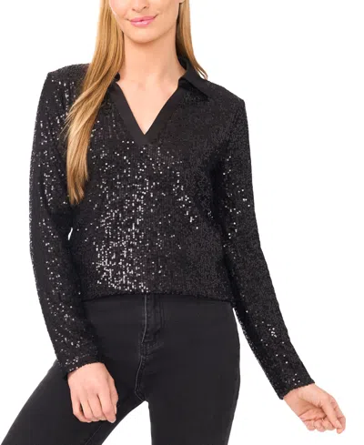 Cece Women's Sequinned Long Sleeve Polo Top In Black