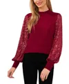 Cece Women's Sheer-sequin-sleeve Mock-neck Cotton Sweater In Deep Merlot