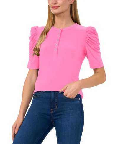 Cece Shirred Sleeve Henley Top In Pink