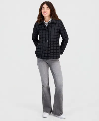 Cece Women's Short Boucle Windowpane Quilted Coat In Blue