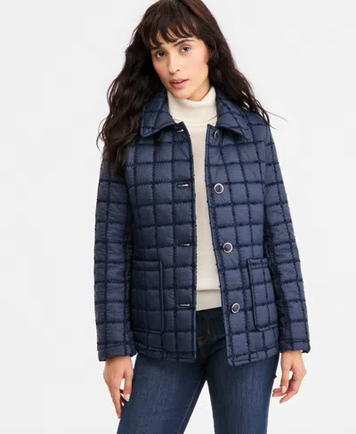 Cece Women's Short Boucle Windowpane Quilted Coat In Blue