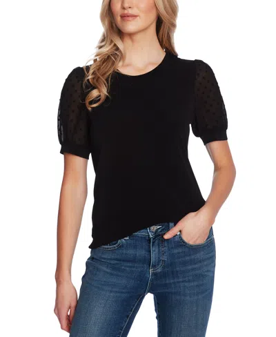 Cece Women's Short Puff Sleeve Mixed Media Knit Top
