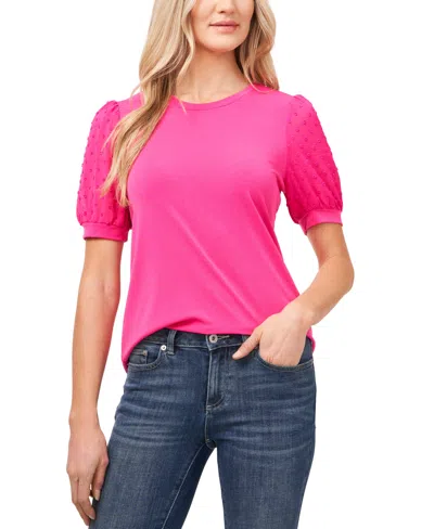 Cece Women's Short Puff Sleeve Mixed Media Knit Top In Bright Rose