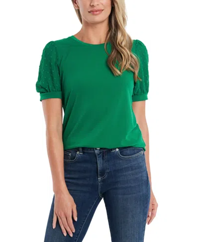 Cece Women's Short Puff Sleeve Mixed Media Knit Top In Lush Green